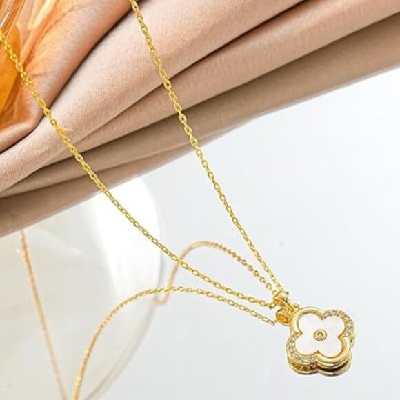 Women's Gold Plated Clover Shaped Dainty CZ Rhinestone Pendant Necklace - Picture 3 of 5